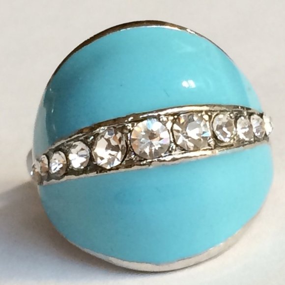 Aqua Blue Enamel Dome Cocktail Ring Size 6 7 Art Deco Crystal Silver Plated - Picture 1 of 7
